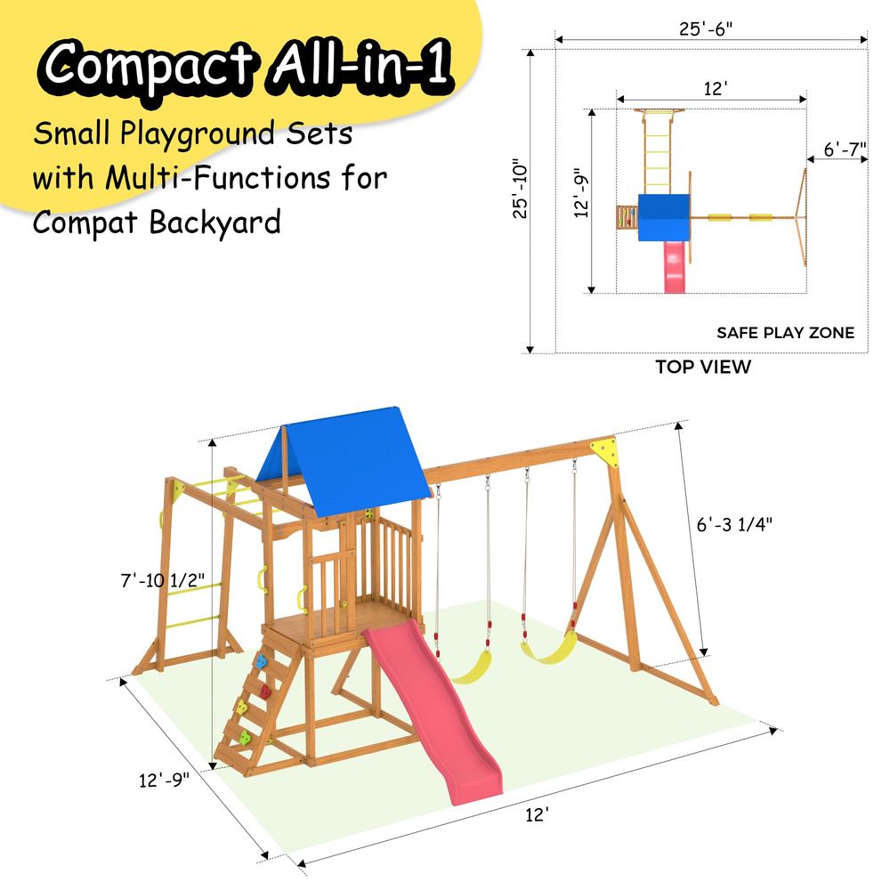 Kids Outdoor Monkey Bars - Wooden Swing Sets for Backyard, Kids