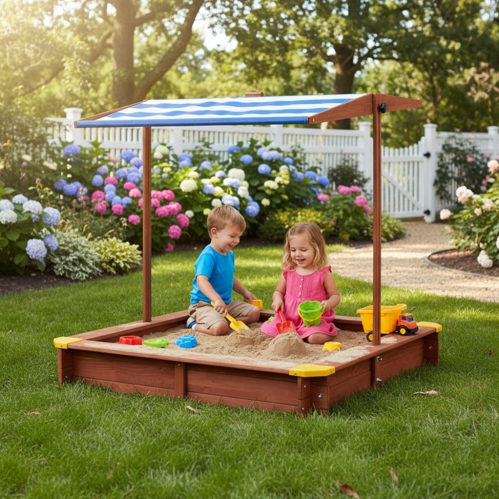 Kids Outdoor Sandbox - Wooden Kids Picnic Table, Sand and