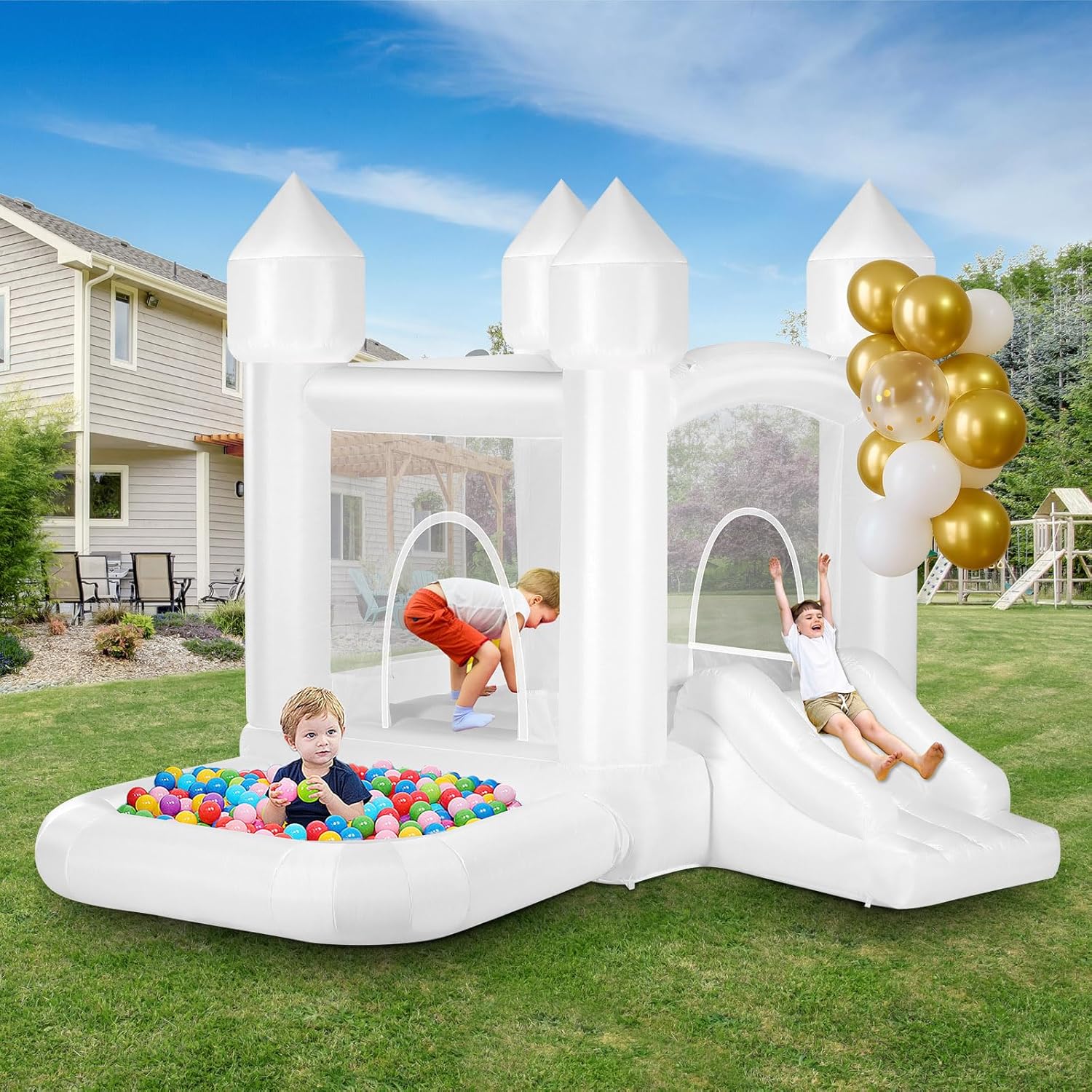 Kids White Bounce House with B - Kids Outdoor Jumping Castle บทวิจารณ์และราคา