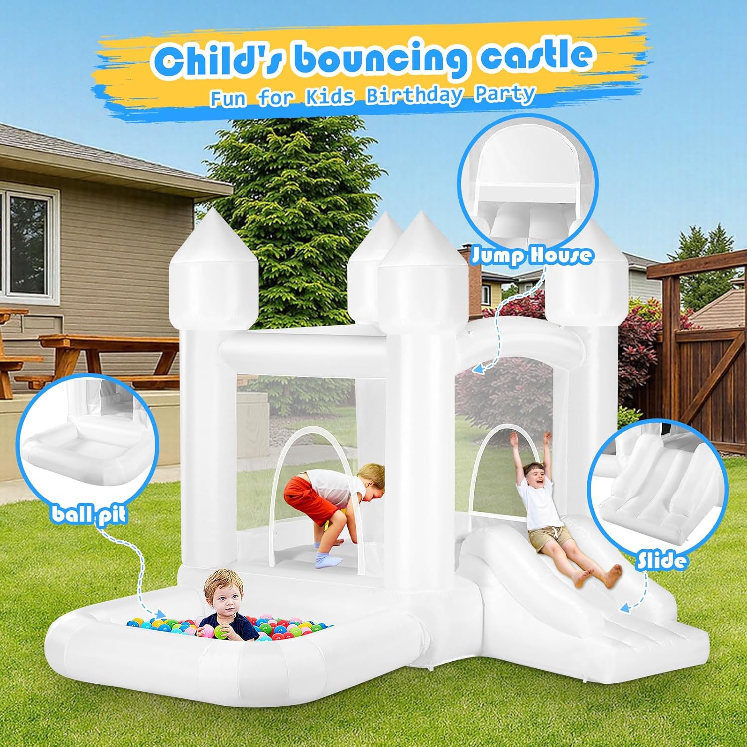 Kids White Bounce House with B - Kids Outdoor Jumping Castle บทวิจารณ์และราคา