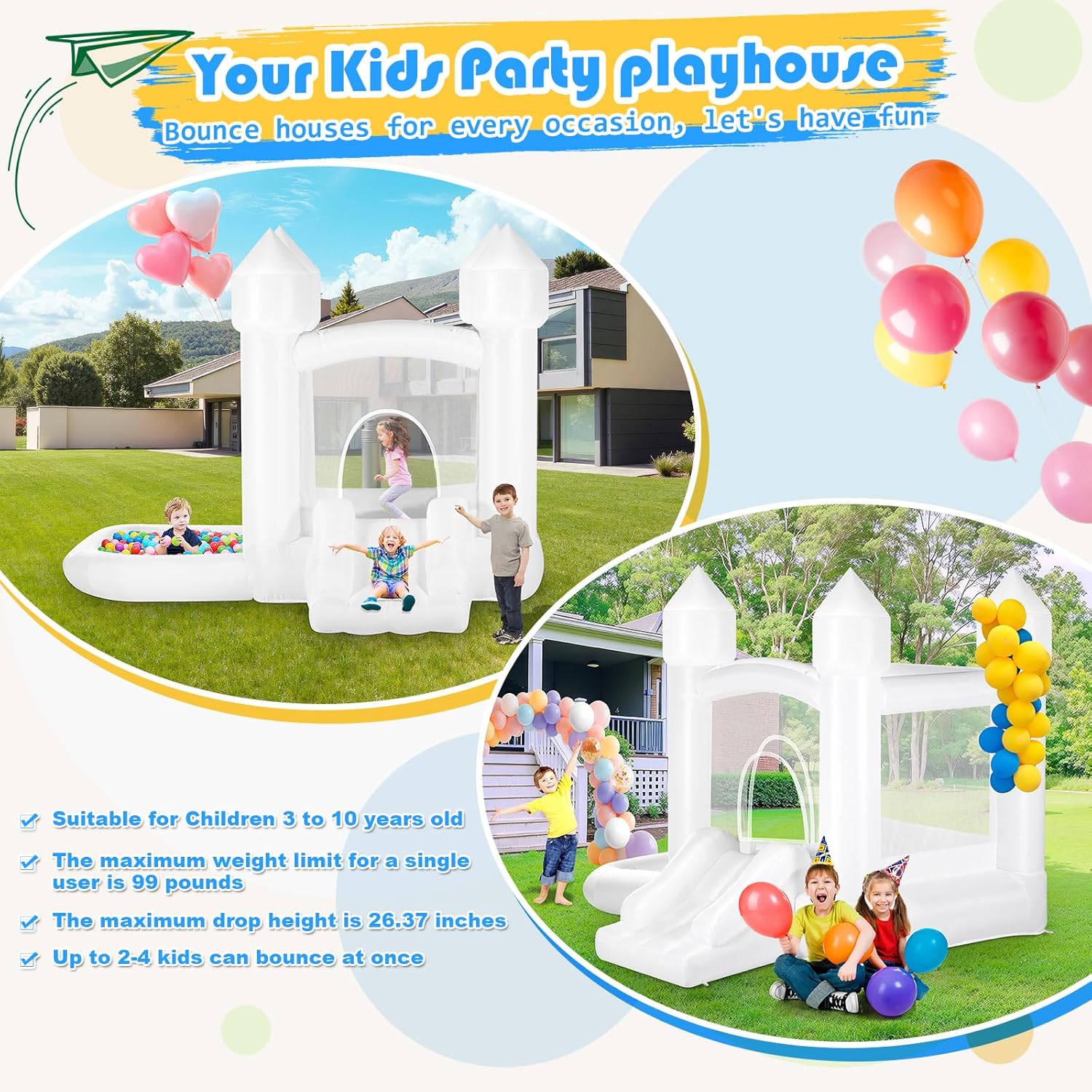 Kids White Bounce House with B - Kids Outdoor Jumping Castle บทวิจารณ์และราคา