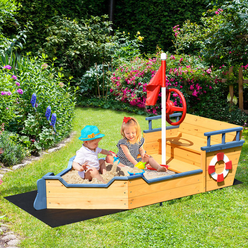 Kids Pirate Boat Wooden Sandbo - Kids Outdoor Sandbox บทวิจารณ์และราคา
