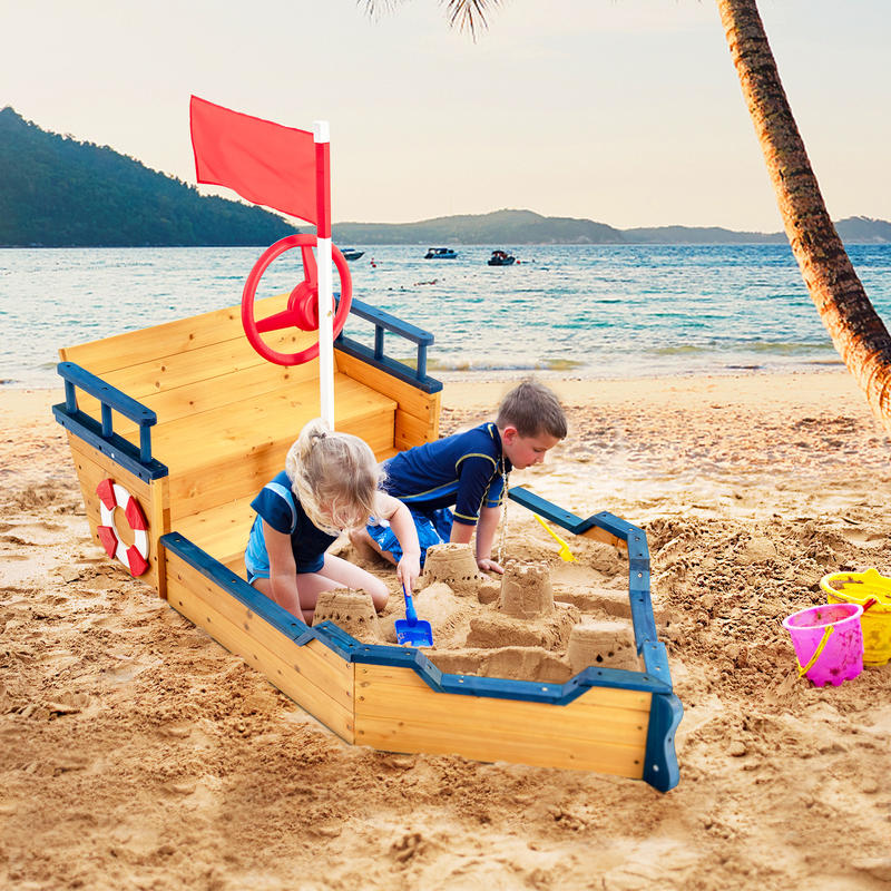 Kids Pirate Boat Wooden Sandbo - Kids Outdoor Sandbox บทวิจารณ์และราคา