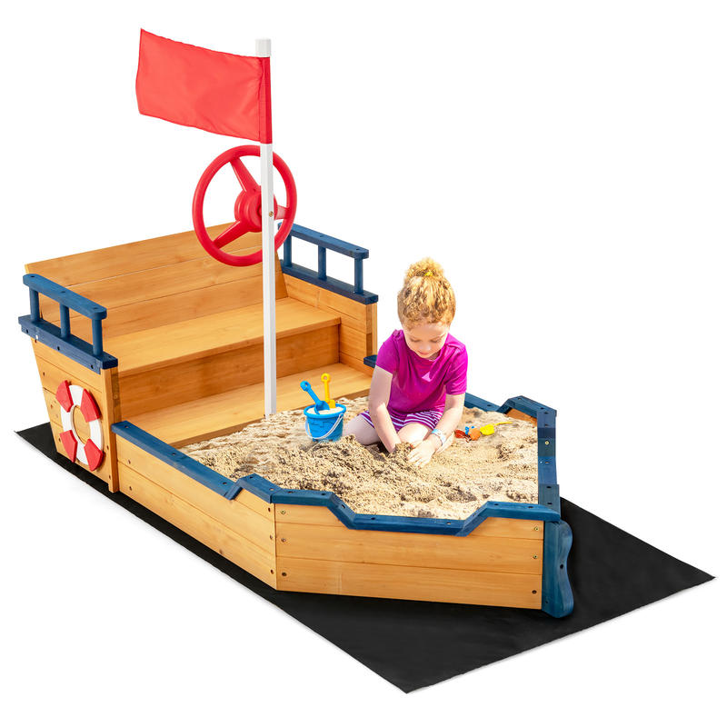 Kids Pirate Boat Wooden Sandbo - Kids Outdoor Sandbox บทวิจารณ์และราคา