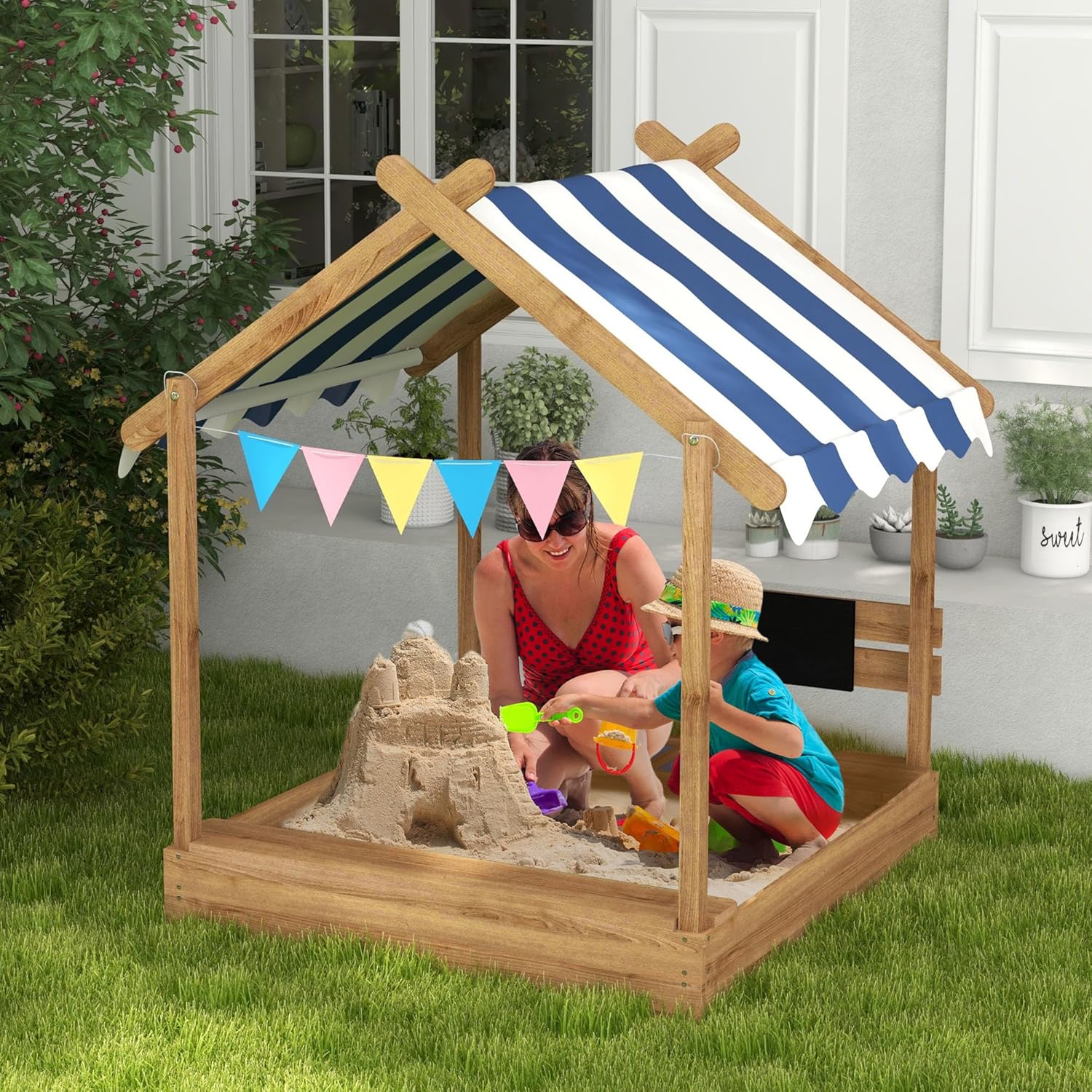 Wooden Sandbox with Canopy, Ki - Kids Outdoor Sink บทวิจารณ์และราคา